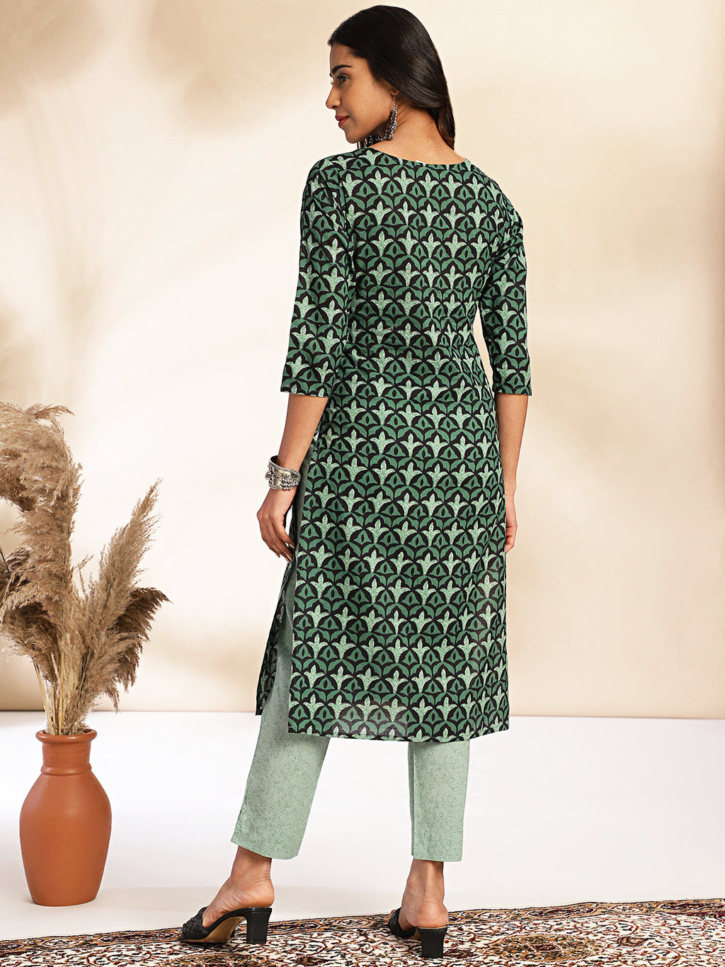 Janasya Green Cotton Printed Sets | Grocsy