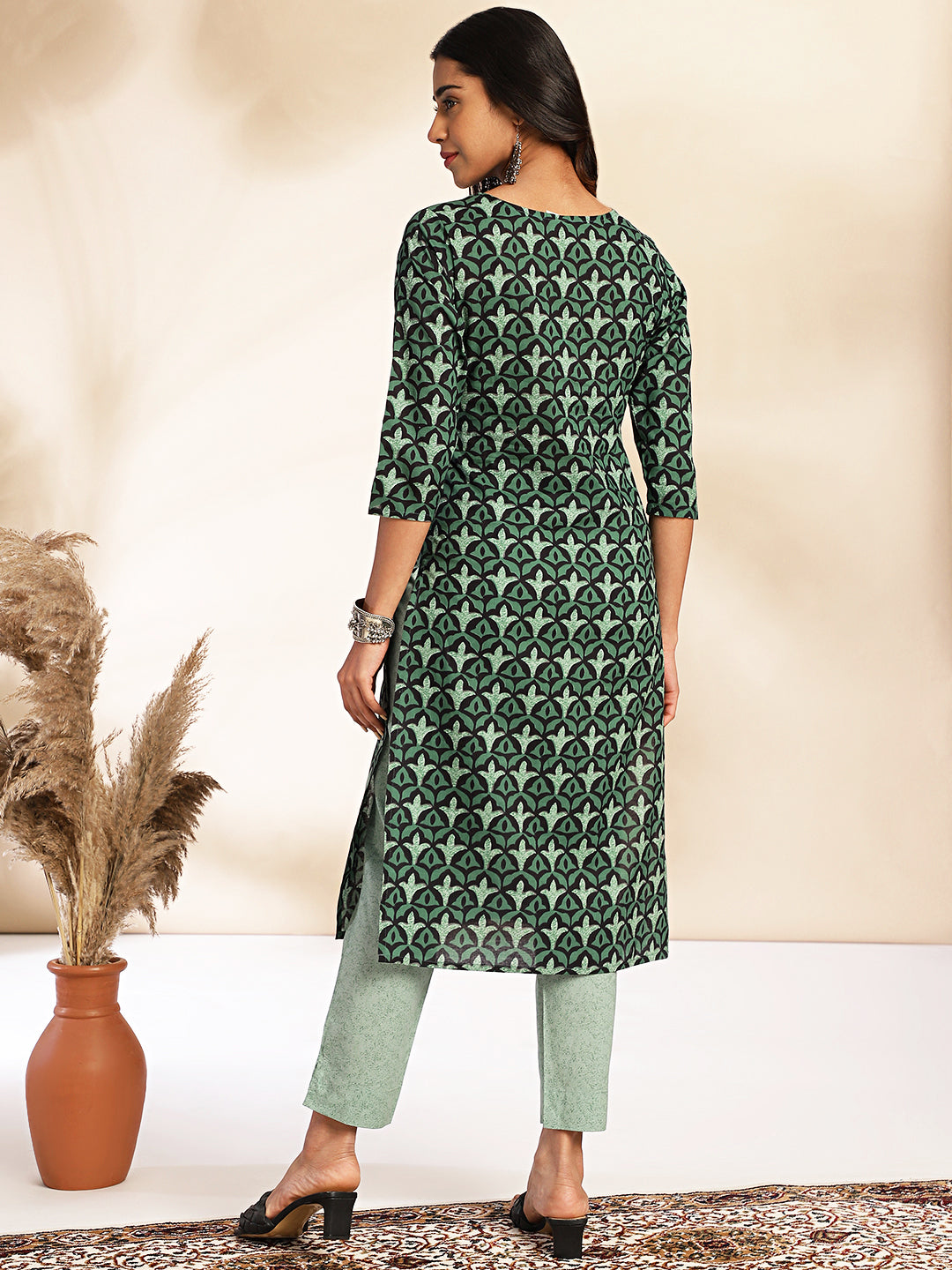 Janasya Green Cotton Printed Sets | Grocsy