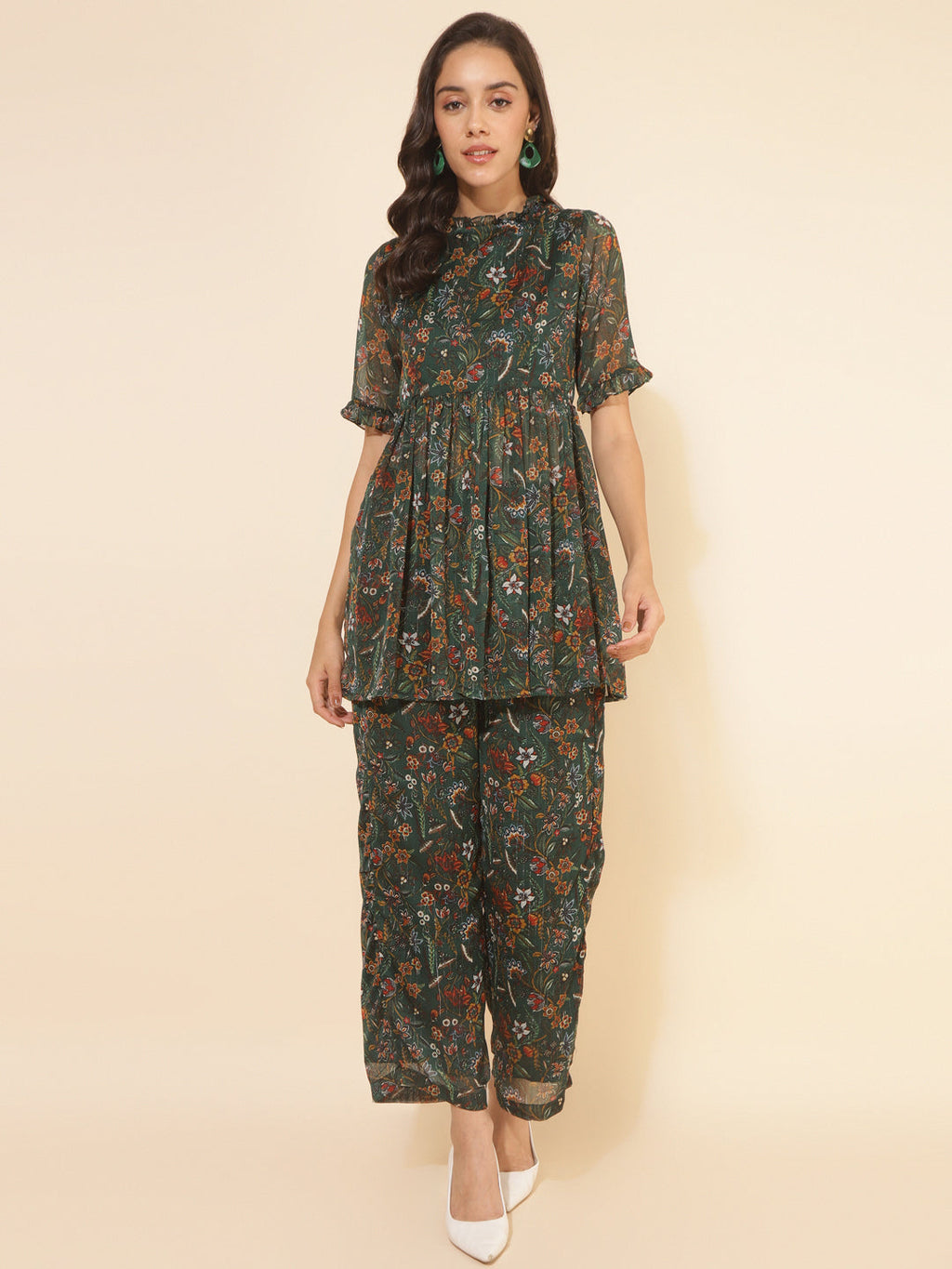 Janasya Green Chiffon Lurex Floral Printed Co-ords | Grocsy