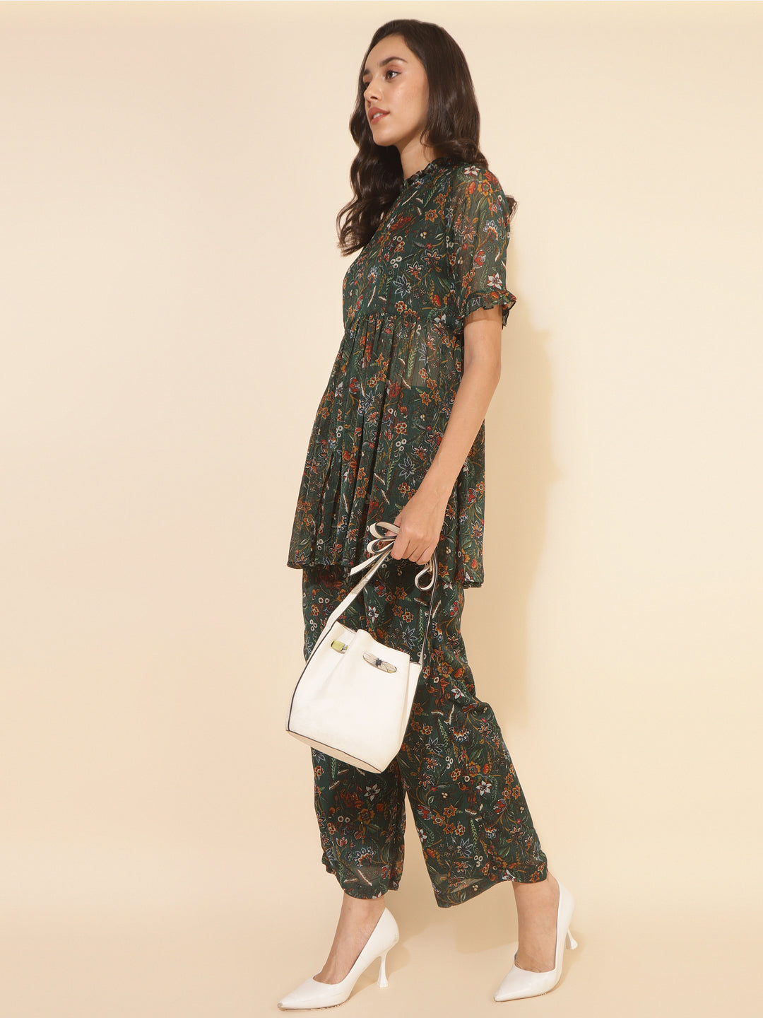 Janasya Green Chiffon Lurex Floral Printed Co-ords | Grocsy