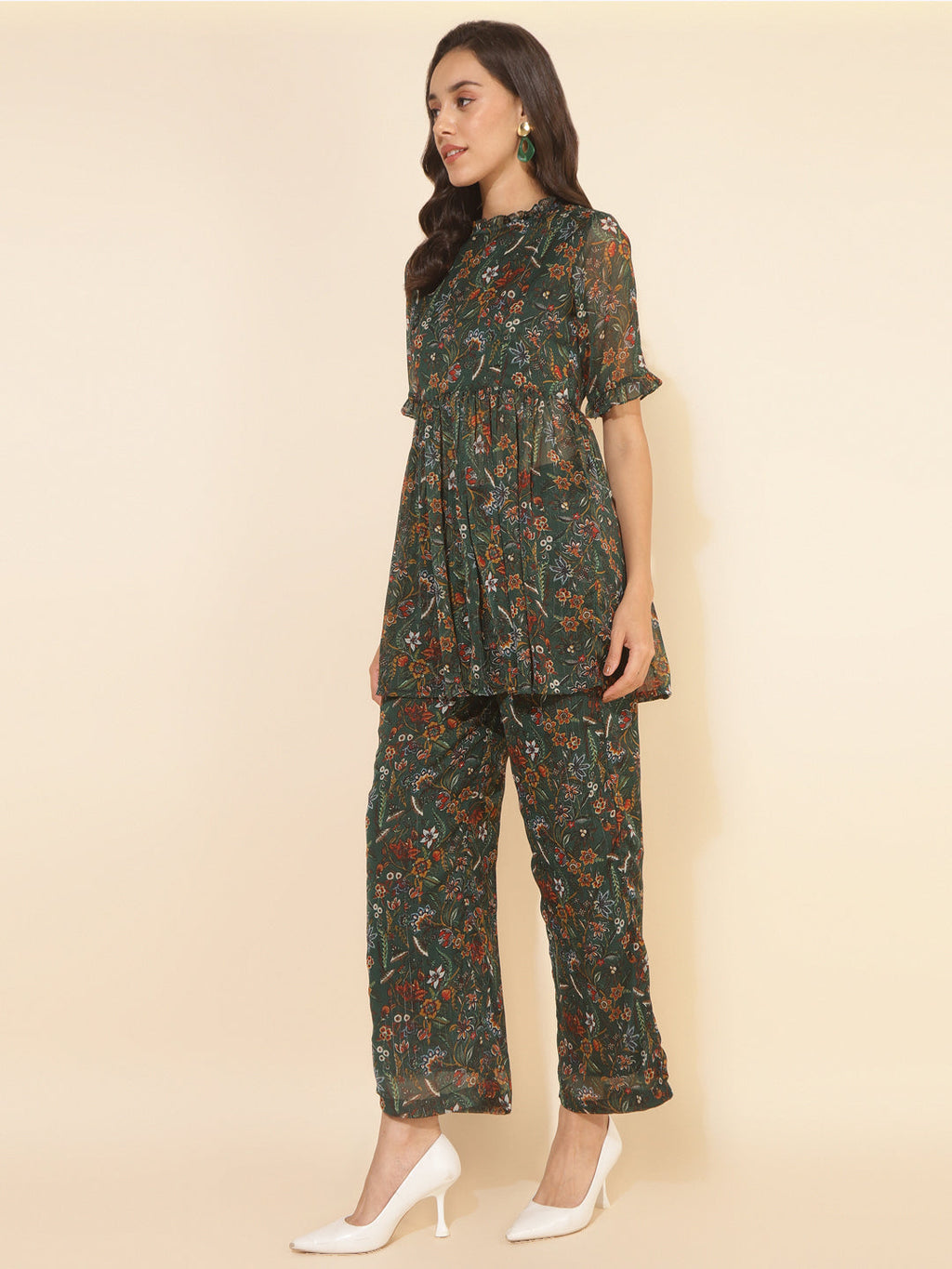 Janasya Green Chiffon Lurex Floral Printed Co-ords | Grocsy