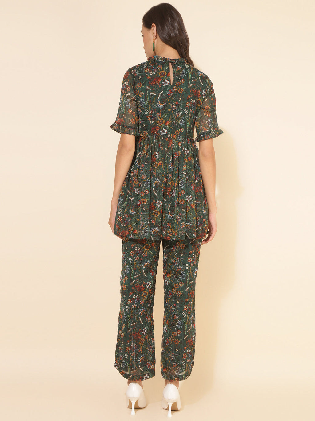 Janasya Green Chiffon Lurex Floral Printed Co-ords | Grocsy