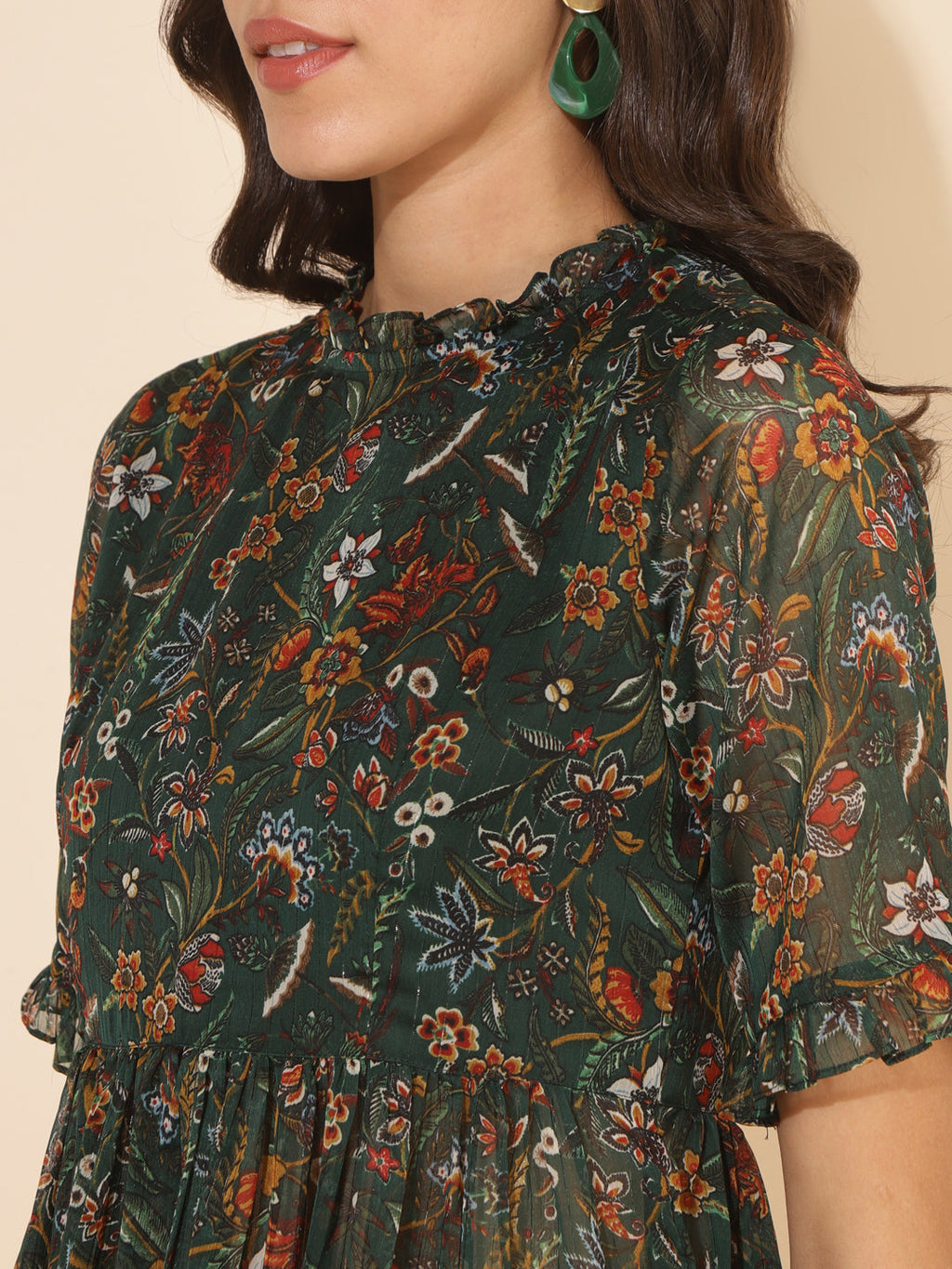 Janasya Green Chiffon Lurex Floral Printed Co-ords | Grocsy