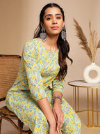 Janasya Light Green Cotton Floral Straight Co-ord Set | Grocsy