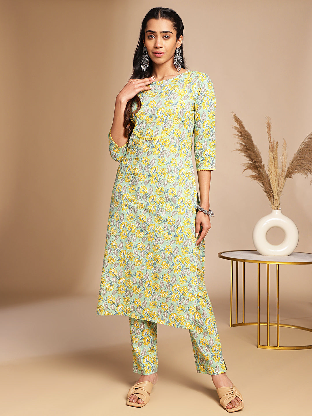 Janasya Light Green Cotton Floral Straight Co-ord Set | Grocsy