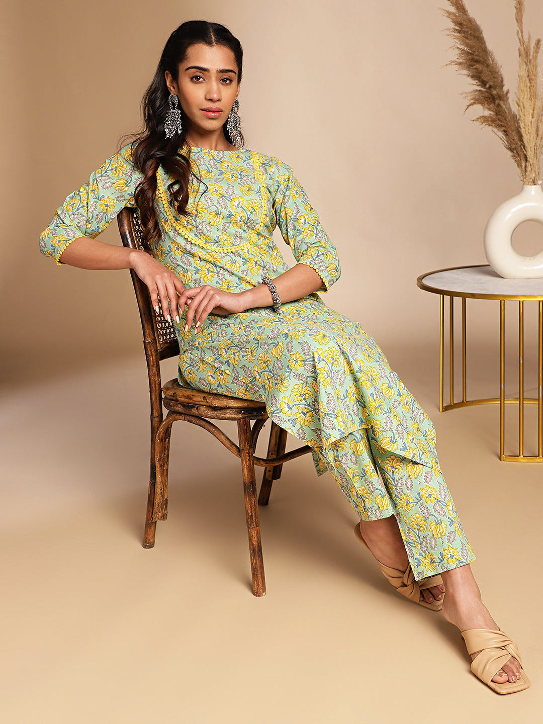 Janasya Light Green Cotton Floral Straight Co-ord Set | Grocsy