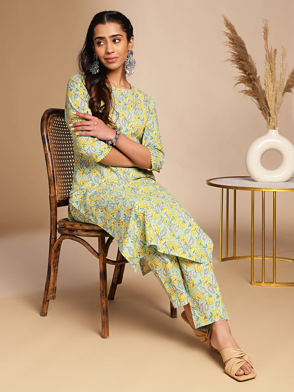 Janasya Light Green Cotton Floral Straight Co-ord Set | Grocsy