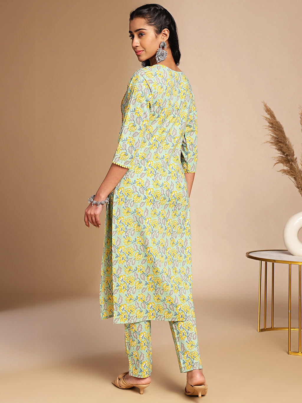Janasya Light Green Cotton Floral Straight Co-ord Set | Grocsy