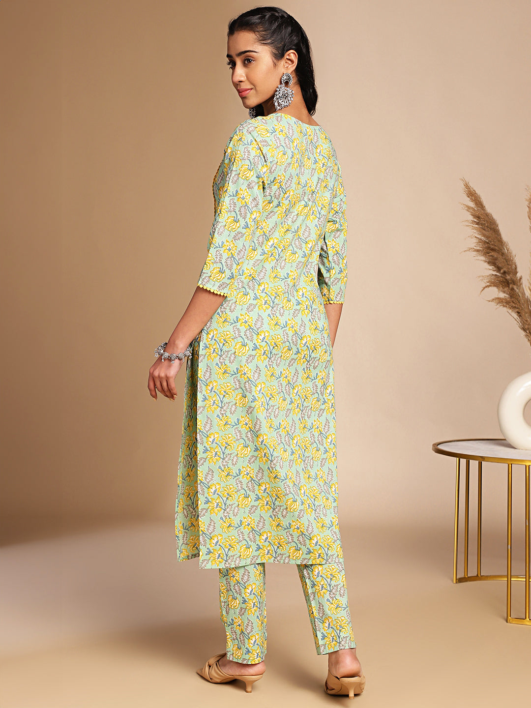 Janasya Light Green Cotton Floral Straight Co-ord Set | Grocsy