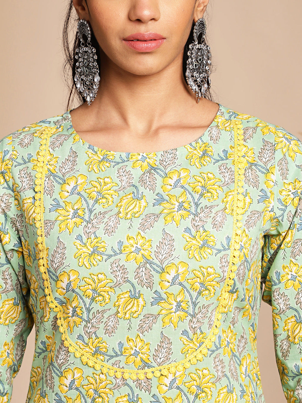 Janasya Light Green Cotton Floral Straight Co-ord Set | Grocsy