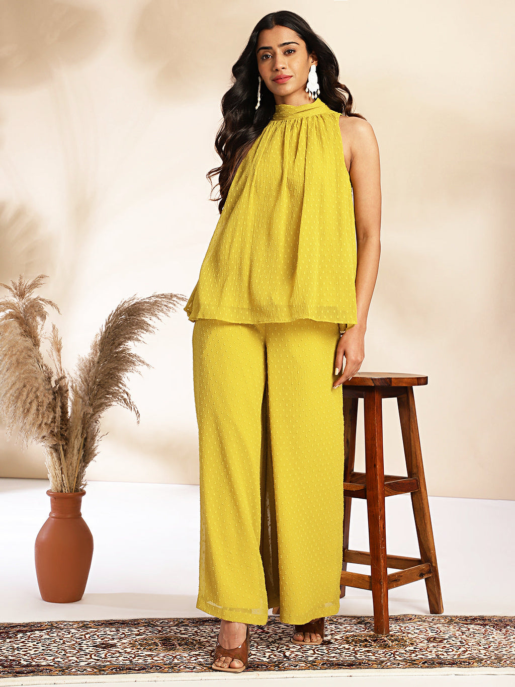 Janasya Yellow Dobby Chiffon Solid Sets | Grocsy