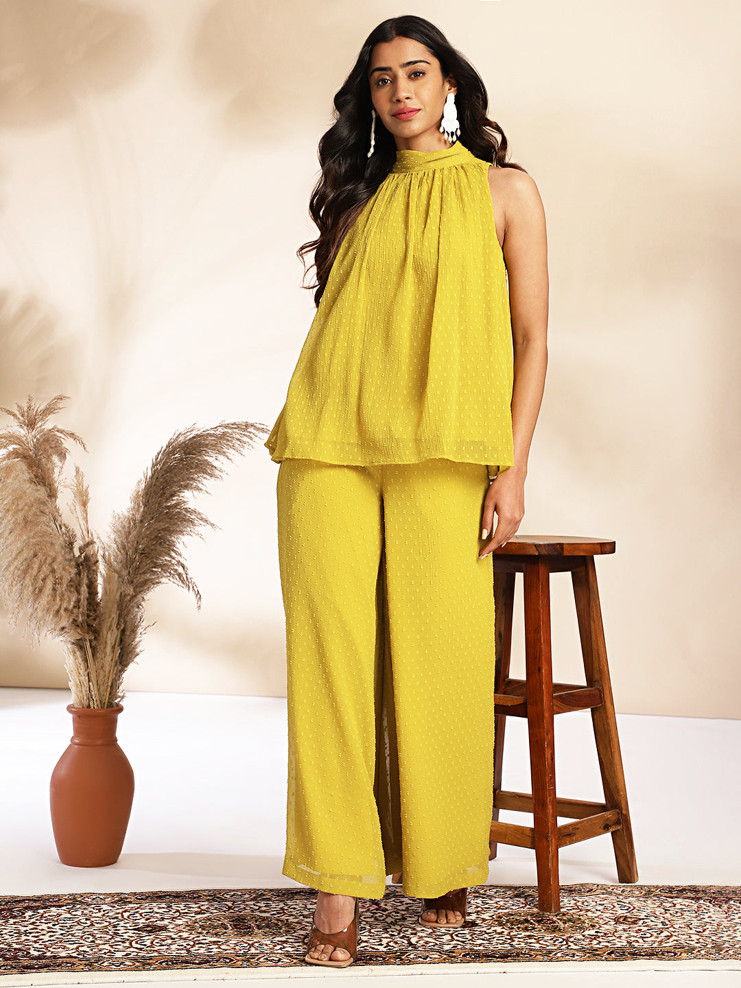 Janasya Yellow Dobby Chiffon Solid Sets | Grocsy