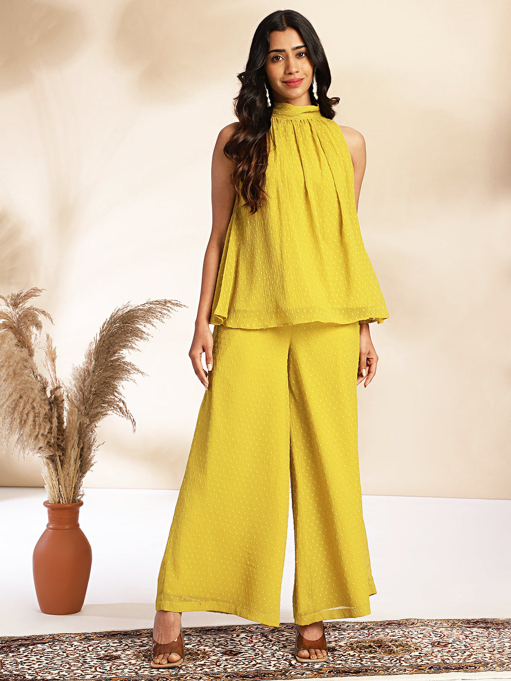 Janasya Yellow Dobby Chiffon Solid Sets | Grocsy
