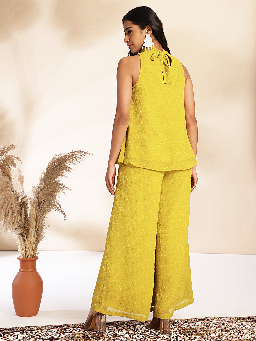 Janasya Yellow Dobby Chiffon Solid Sets | Grocsy