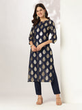 Janasya Dark Georgette Foil Print Straight Kurta Set | Grocsy