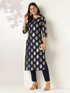 Janasya Dark Georgette Foil Print Straight Kurta Set | Grocsy