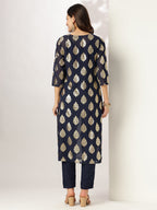 Janasya Dark Georgette Foil Print Straight Kurta Set | Grocsy
