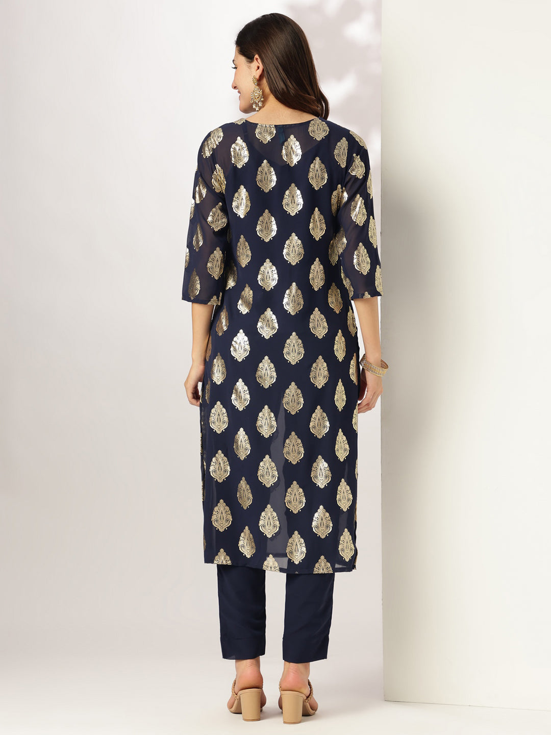 Janasya Dark Georgette Foil Print Straight Kurta Set | Grocsy