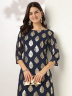 Janasya Dark Georgette Foil Print Straight Kurta Set | Grocsy