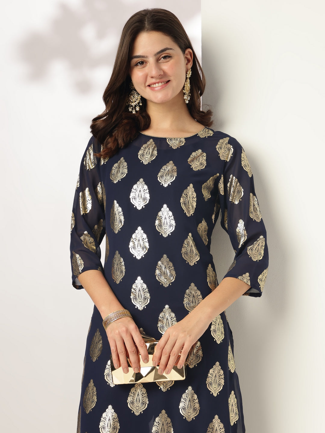 Janasya Dark Georgette Foil Print Straight Kurta Set | Grocsy