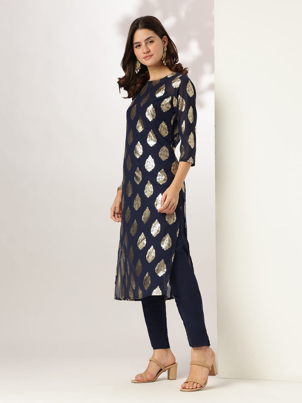 Janasya Dark Georgette Foil Print Straight Kurta Set | Grocsy