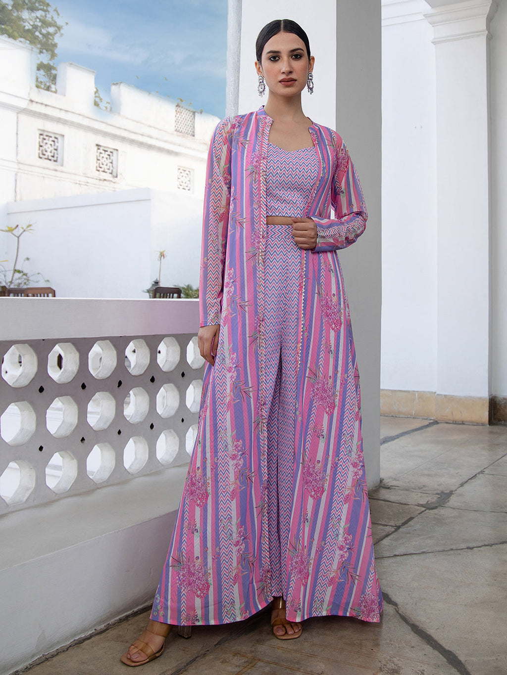 Janasya Lavender Georgette Chevron Regular Co-ord Set | Grocsy