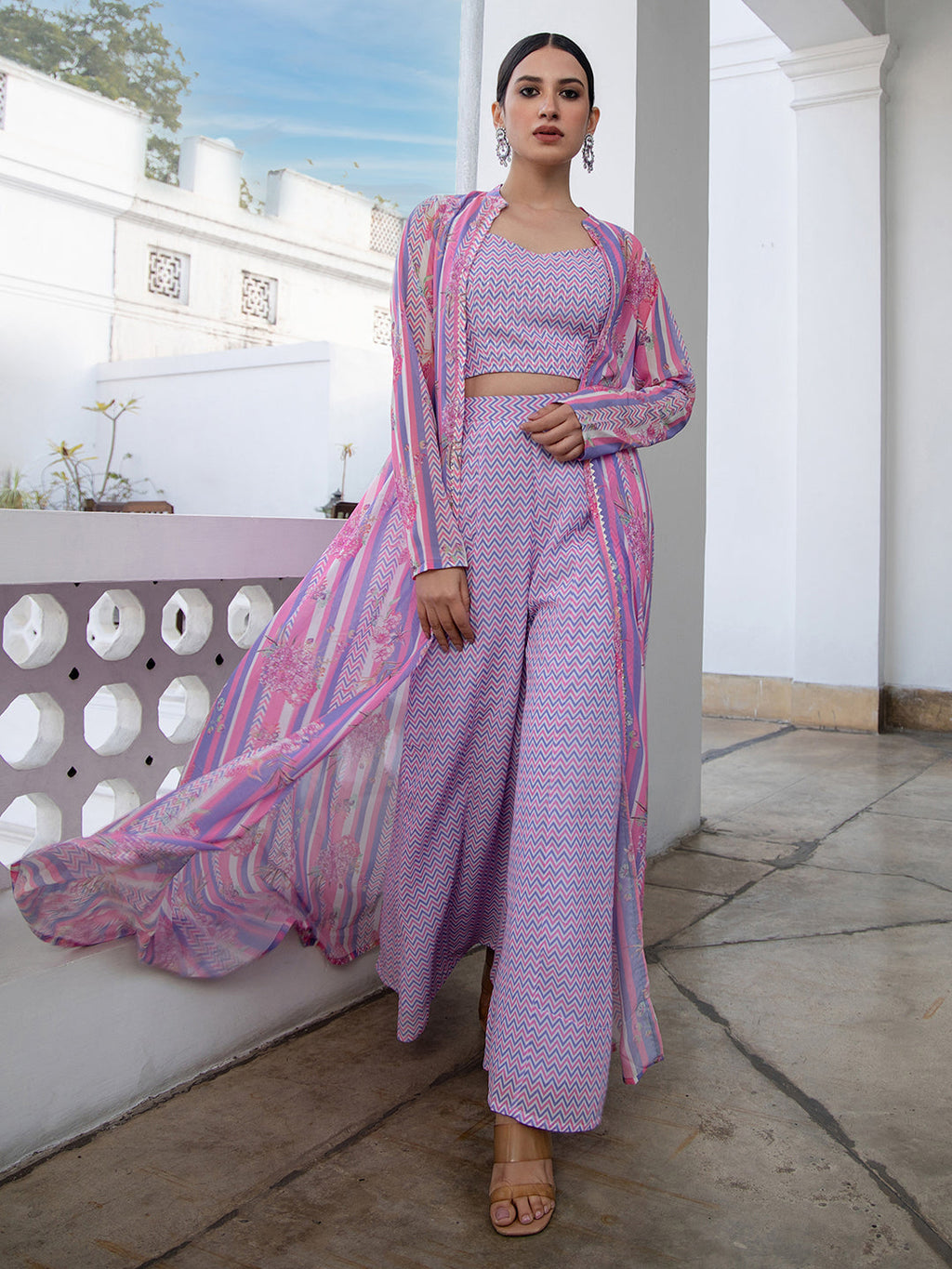 Janasya Lavender Georgette Chevron Regular Co-ord Set | Grocsy