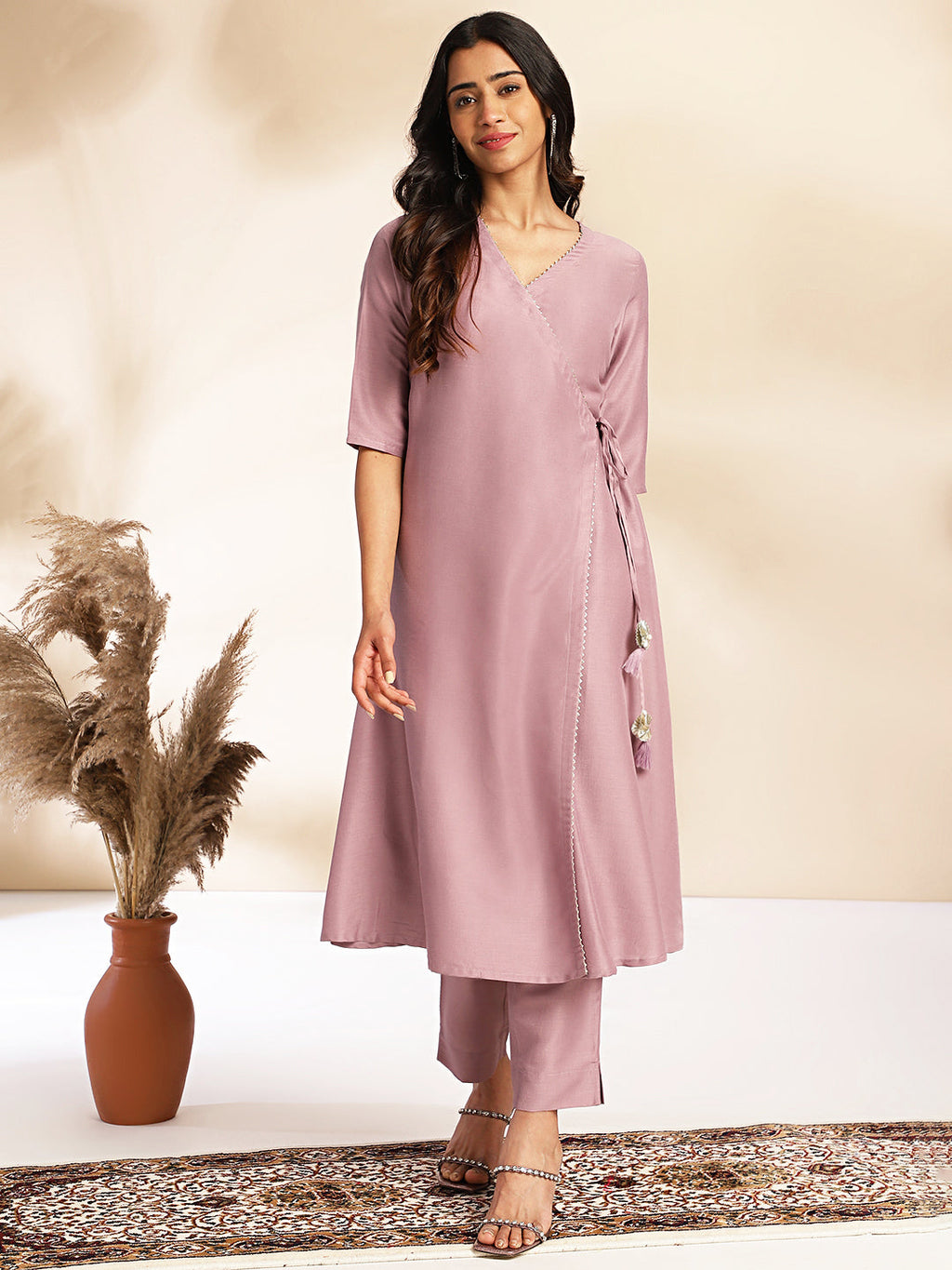 Janasya Lavender Chinnon Solid Wrap Kurta Set | Grocsy