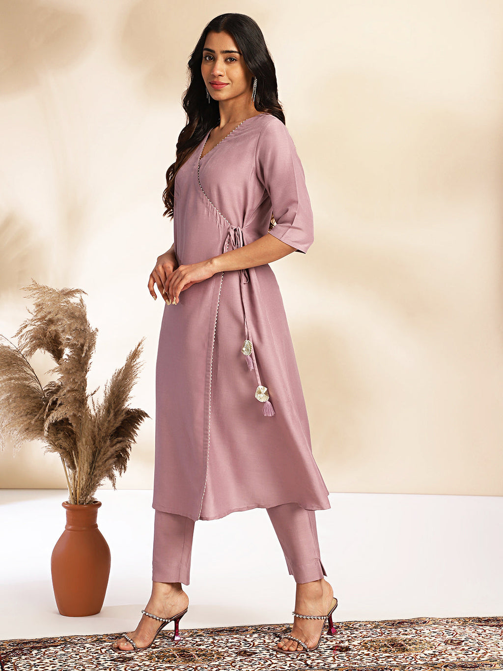 Janasya Lavender Chinnon Solid Wrap Kurta Set | Grocsy