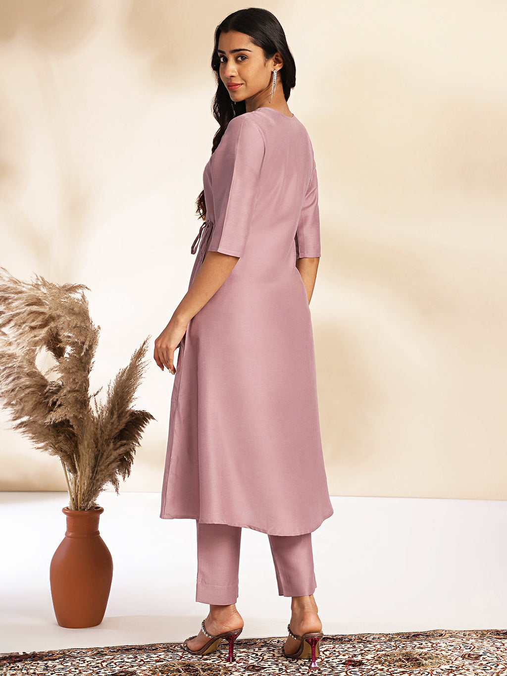 Janasya Lavender Chinnon Solid Wrap Kurta Set | Grocsy
