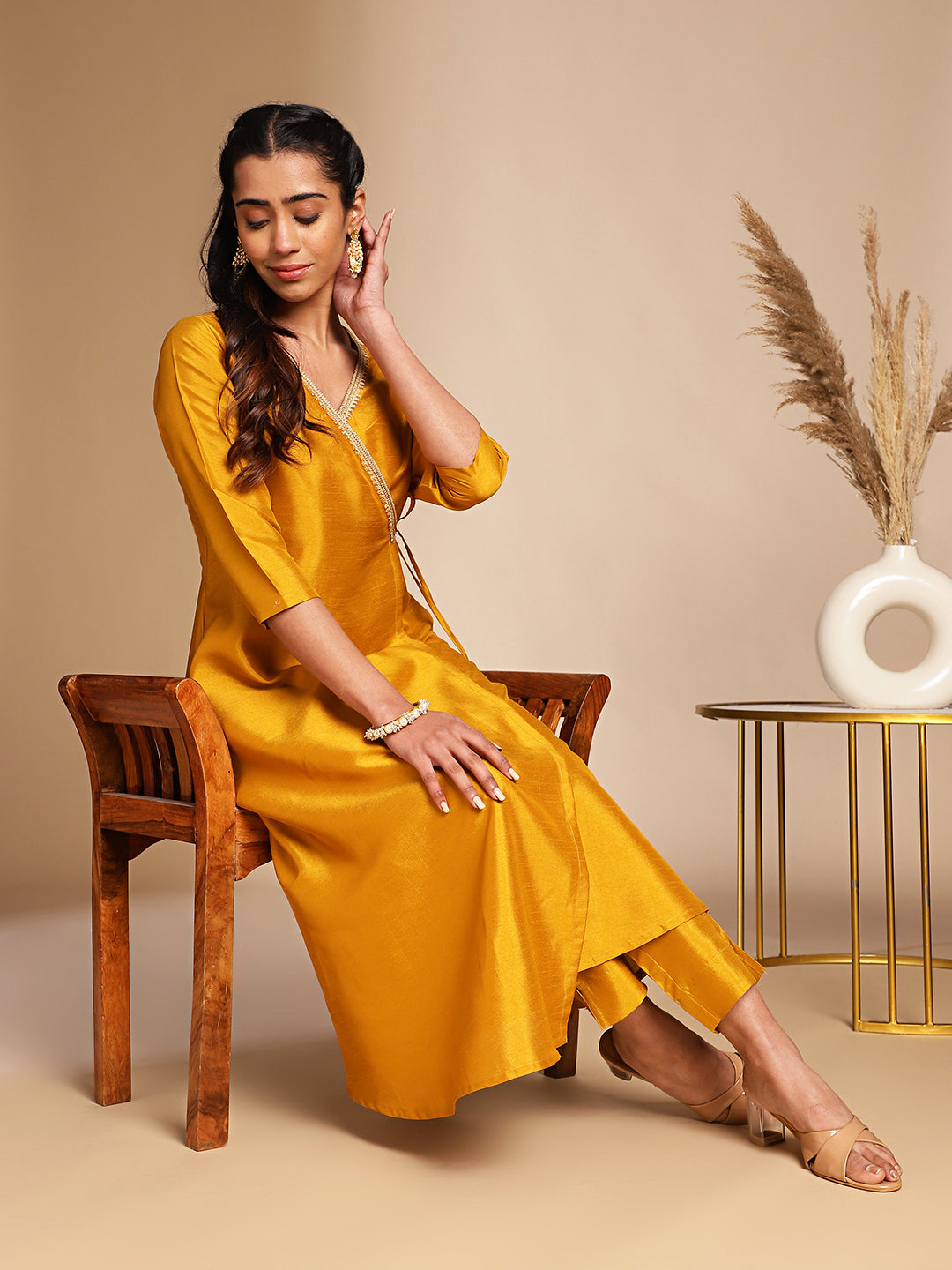 Janasya Mustard Crepe Silk Solid Wrap Kurta Set | Grocsy