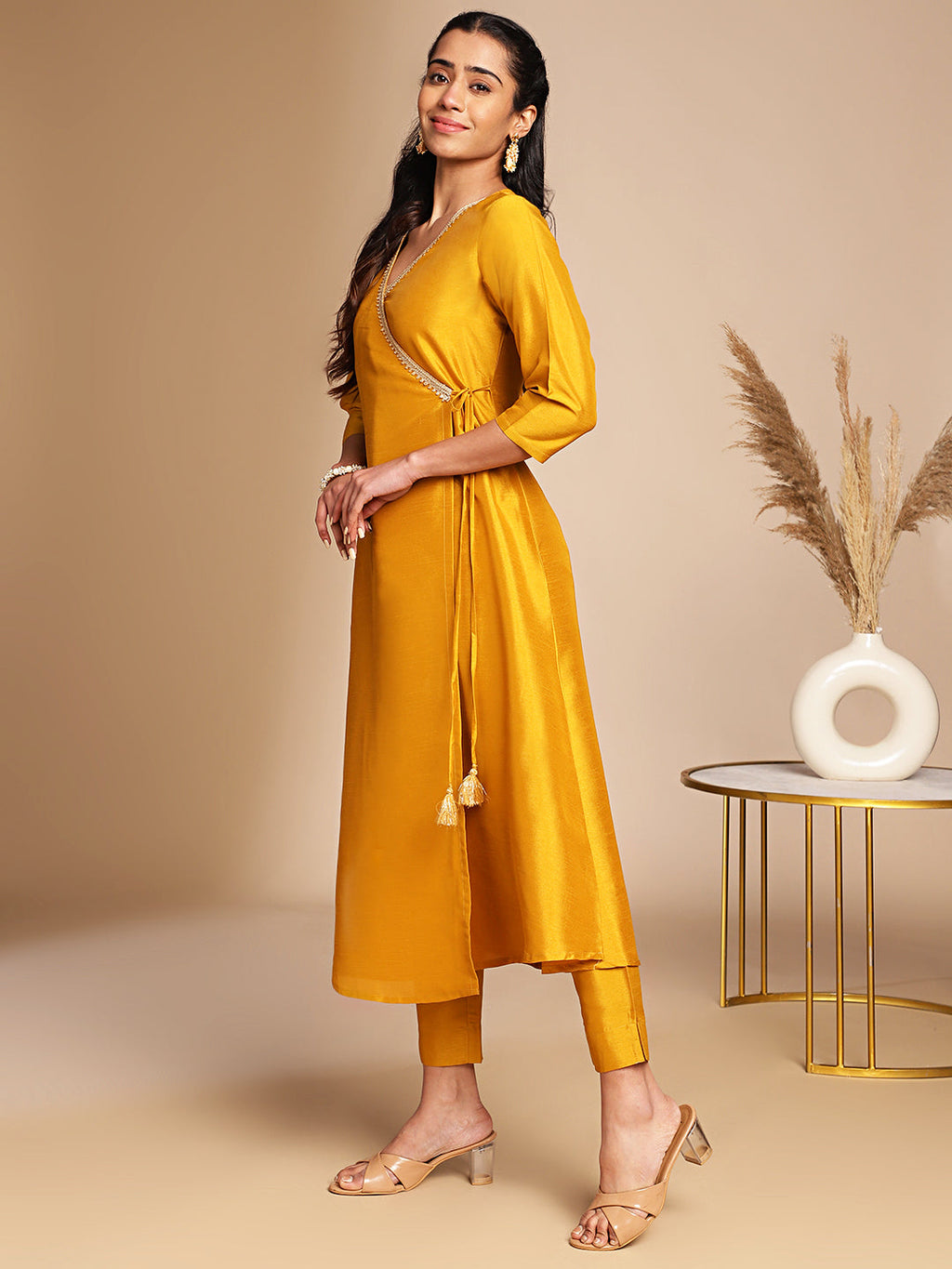 Janasya Mustard Crepe Silk Solid Wrap Kurta Set | Grocsy