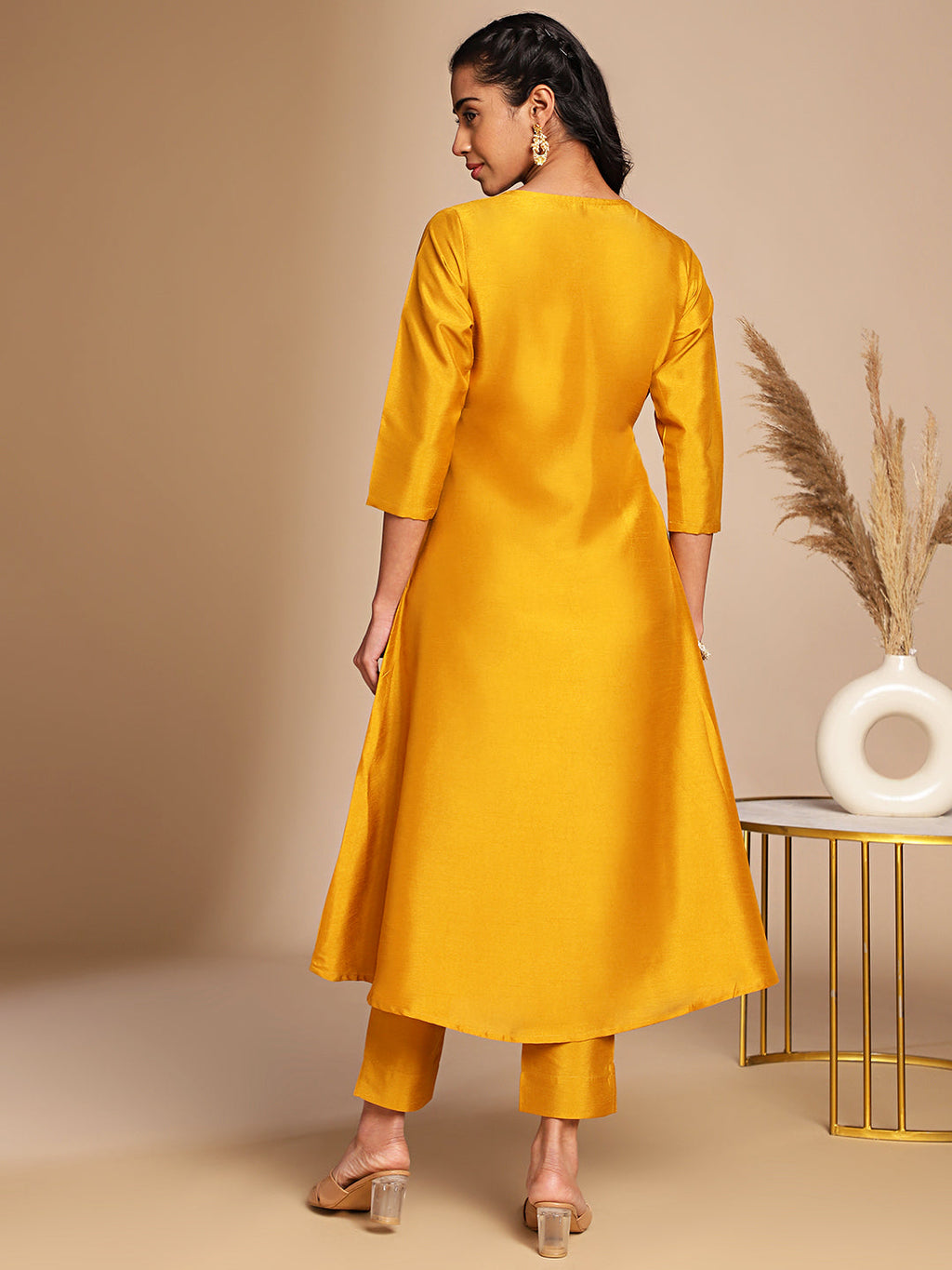 Janasya Mustard Crepe Silk Solid Wrap Kurta Set | Grocsy