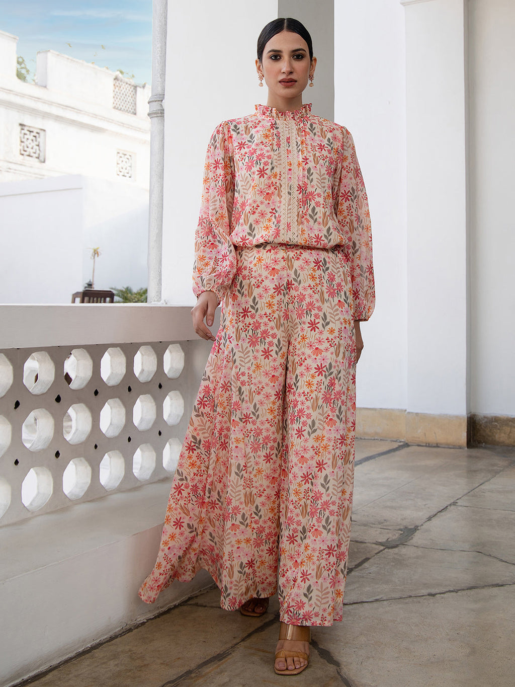 Janasya Beige Georgette Floral Regular Top & Bottom Set | Grocsy