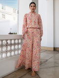 Janasya Beige Georgette Floral Regular Top & Bottom Set | Grocsy