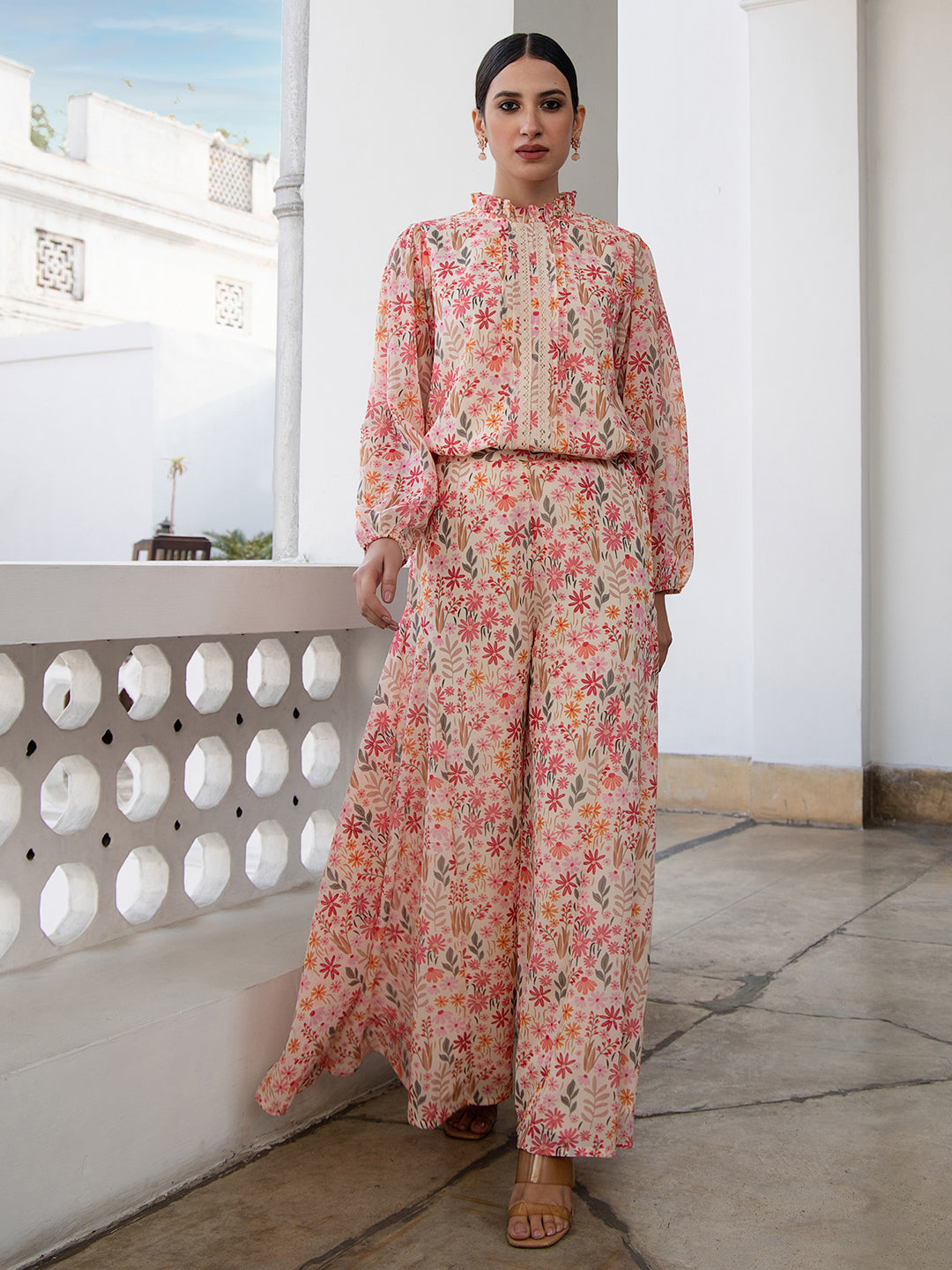 Janasya Beige Georgette Floral Regular Top & Bottom Set | Grocsy