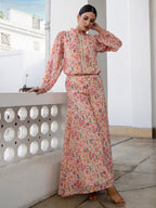 Janasya Beige Georgette Floral Regular Top & Bottom Set | Grocsy