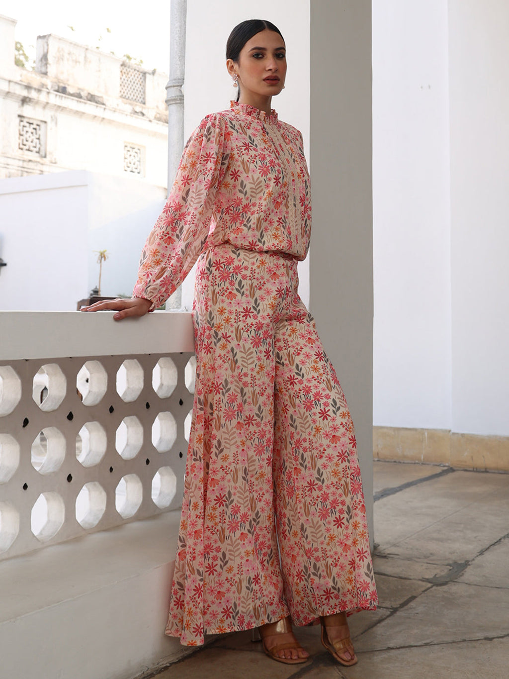 Janasya Beige Georgette Floral Regular Top & Bottom Set | Grocsy
