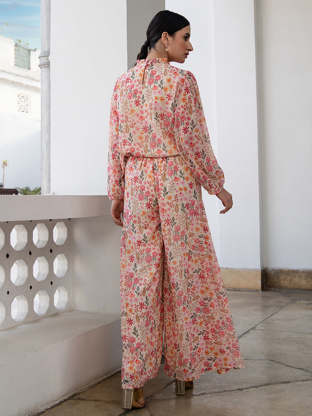 Janasya Beige Georgette Floral Regular Top & Bottom Set | Grocsy