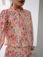 Janasya Beige Georgette Floral Regular Top & Bottom Set | Grocsy