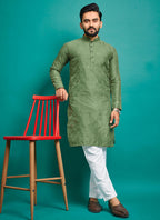 Prazu Fashion Light Green Silk Embroidered Kurta With Pajama | Grocsy