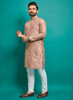 Prazu Fashion Light Peach Silk Embroidered Kurta With Pajama | Grocsy