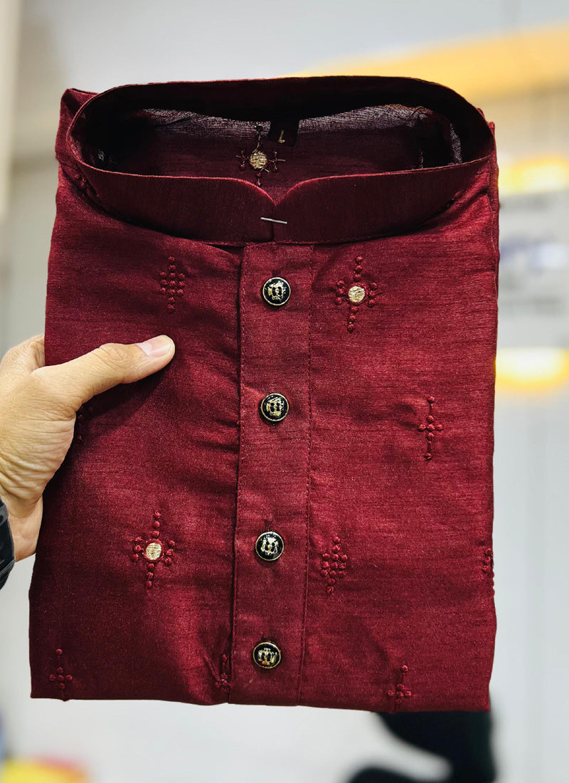 Prazu Fashion Maroon Silk Embroidered Kurta With Pajama | Grocsy