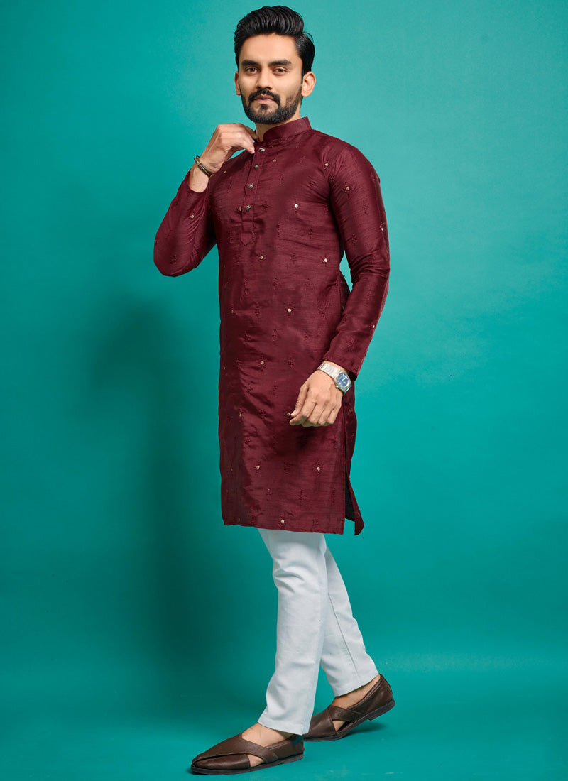 Prazu Fashion Maroon Silk Embroidered Kurta With Pajama | Grocsy