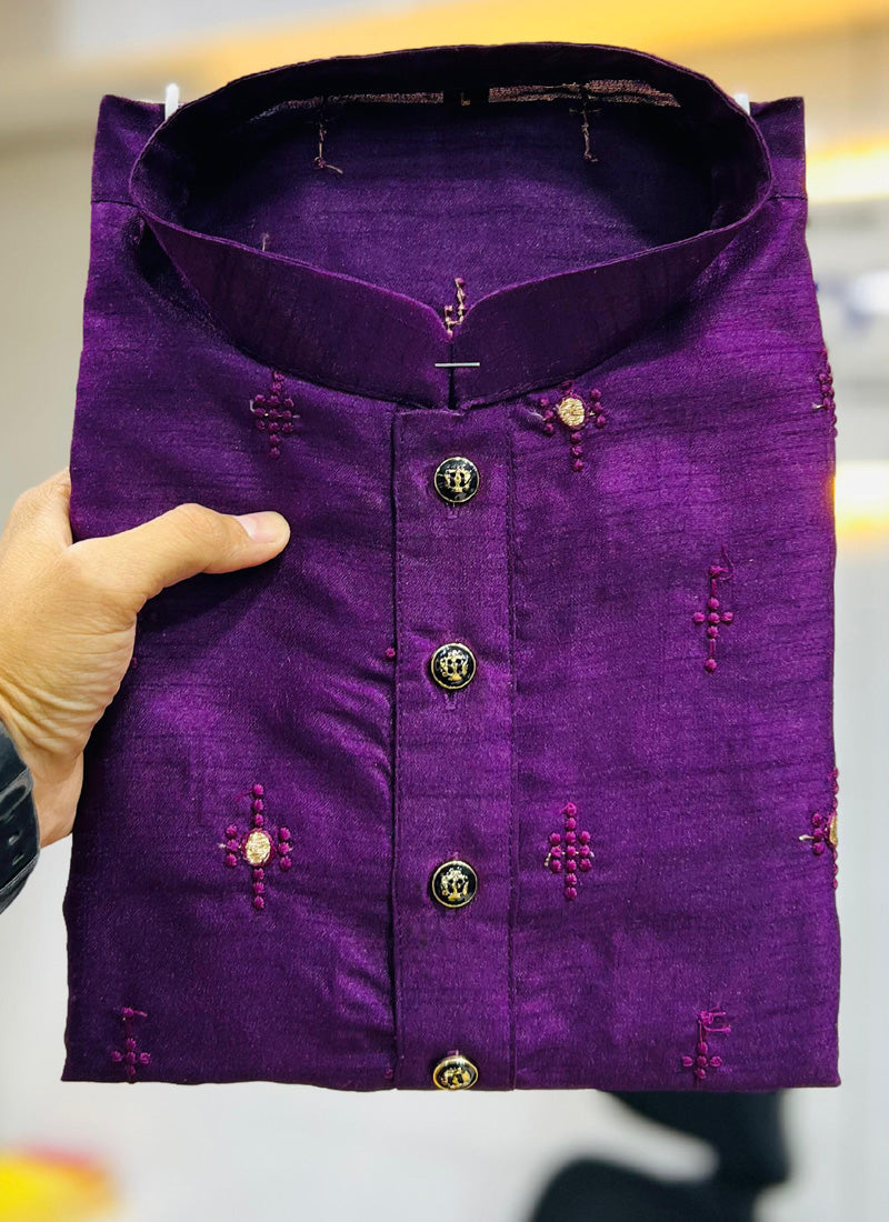 Prazu Fashion Purple Silk Embroidered Kurta With Pajama | Grocsy
