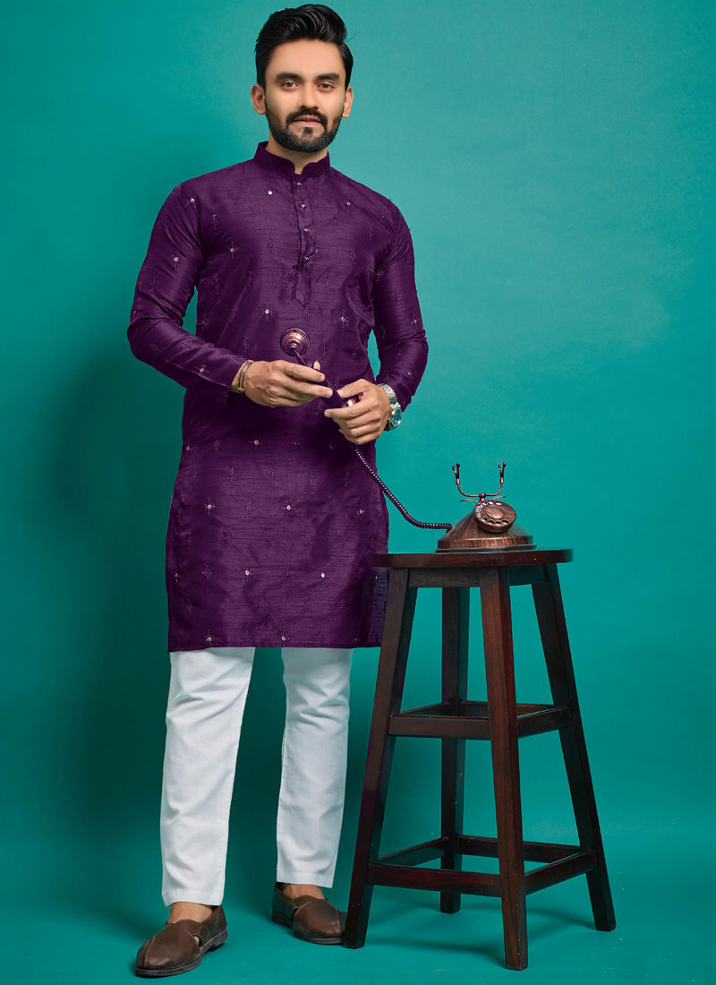 Prazu Fashion Purple Silk Embroidered Kurta With Pajama | Grocsy