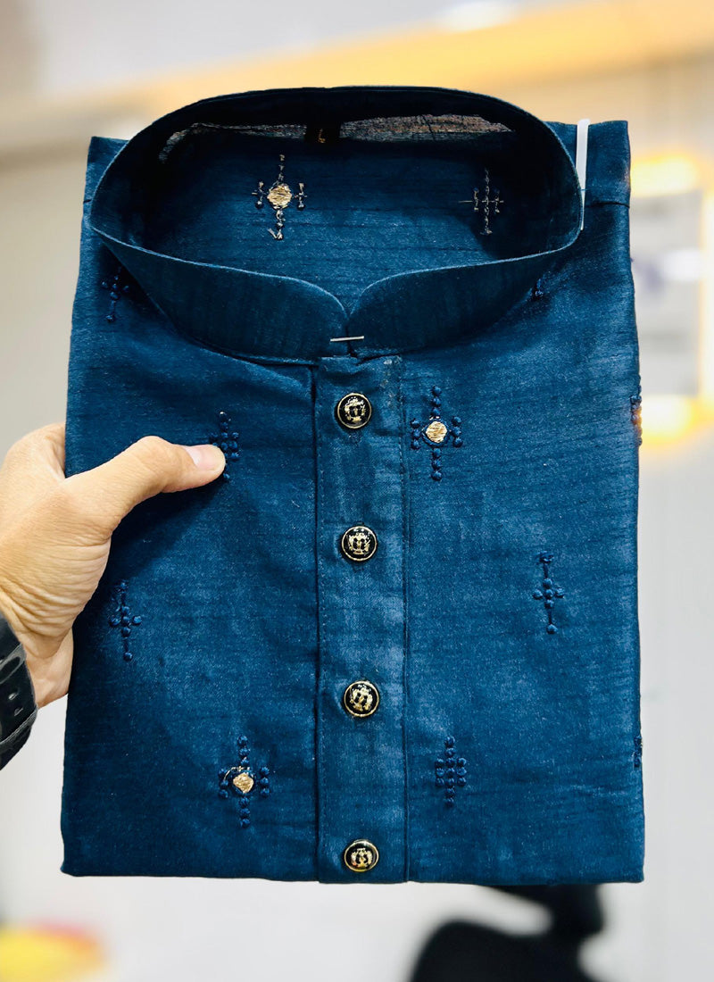 Prazu Fashion Royal Blue Silk Embroidered Kurta With Pajama | Grocsy