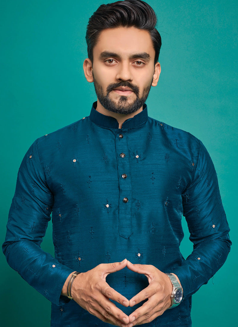 Prazu Fashion Royal Blue Silk Embroidered Kurta With Pajama | Grocsy