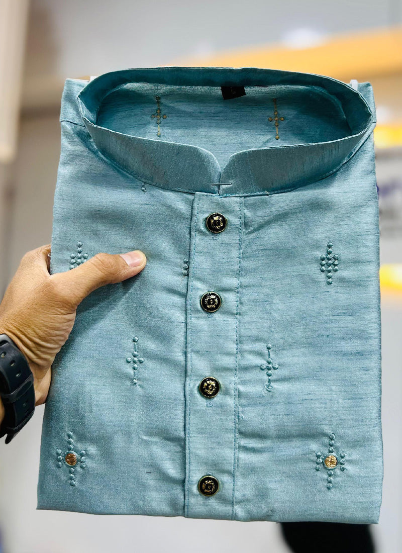 Prazu Fashion Sky Blue Silk Embroidered Kurta With Pajama | Grocsy