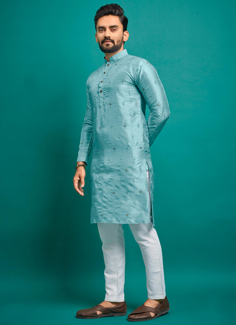 Prazu Fashion Sky Blue Silk Embroidered Kurta With Pajama | Grocsy